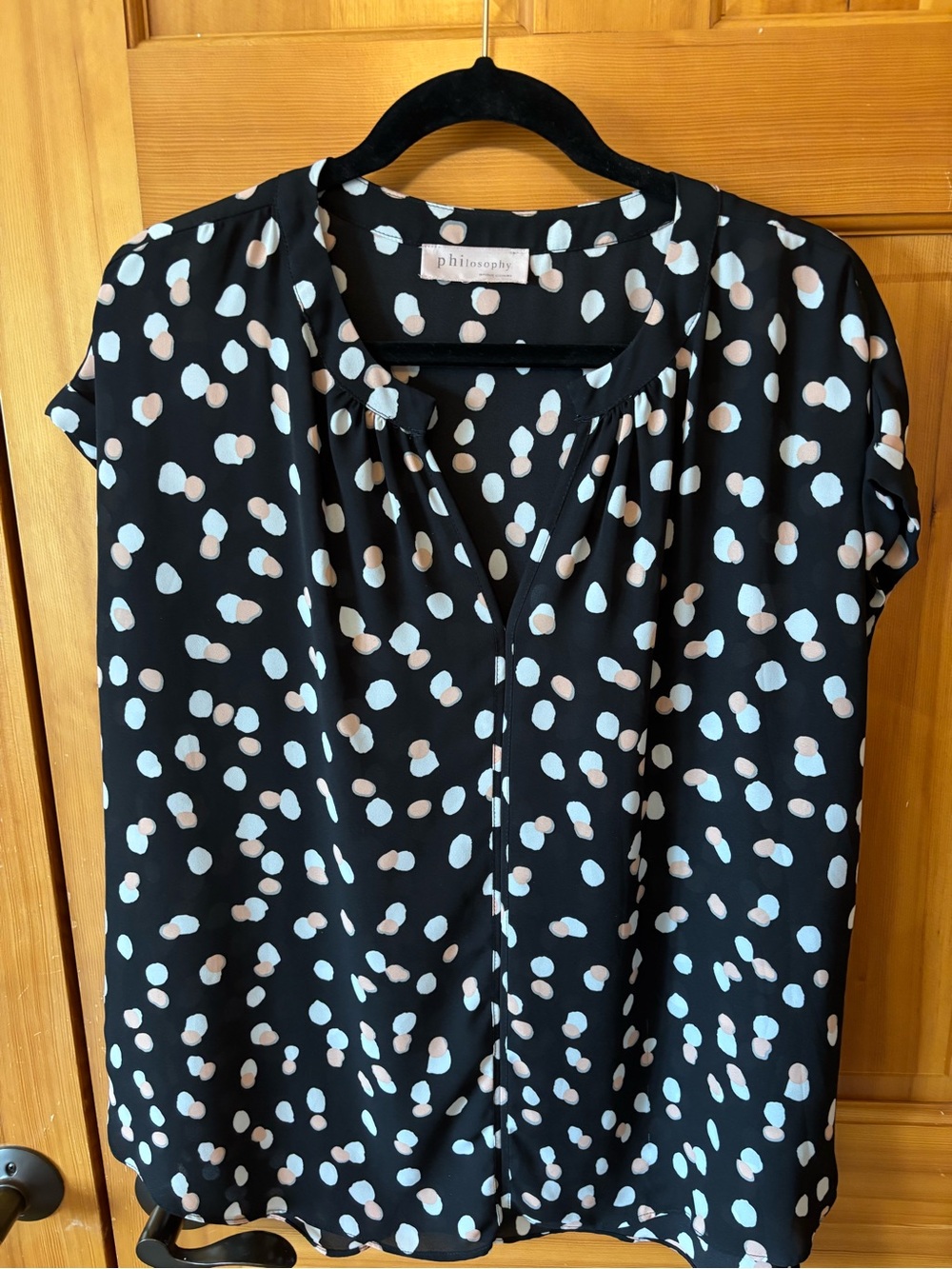 Philosophy Black Short-Sleeve Blouse with Cream and Light Blue Dot Print